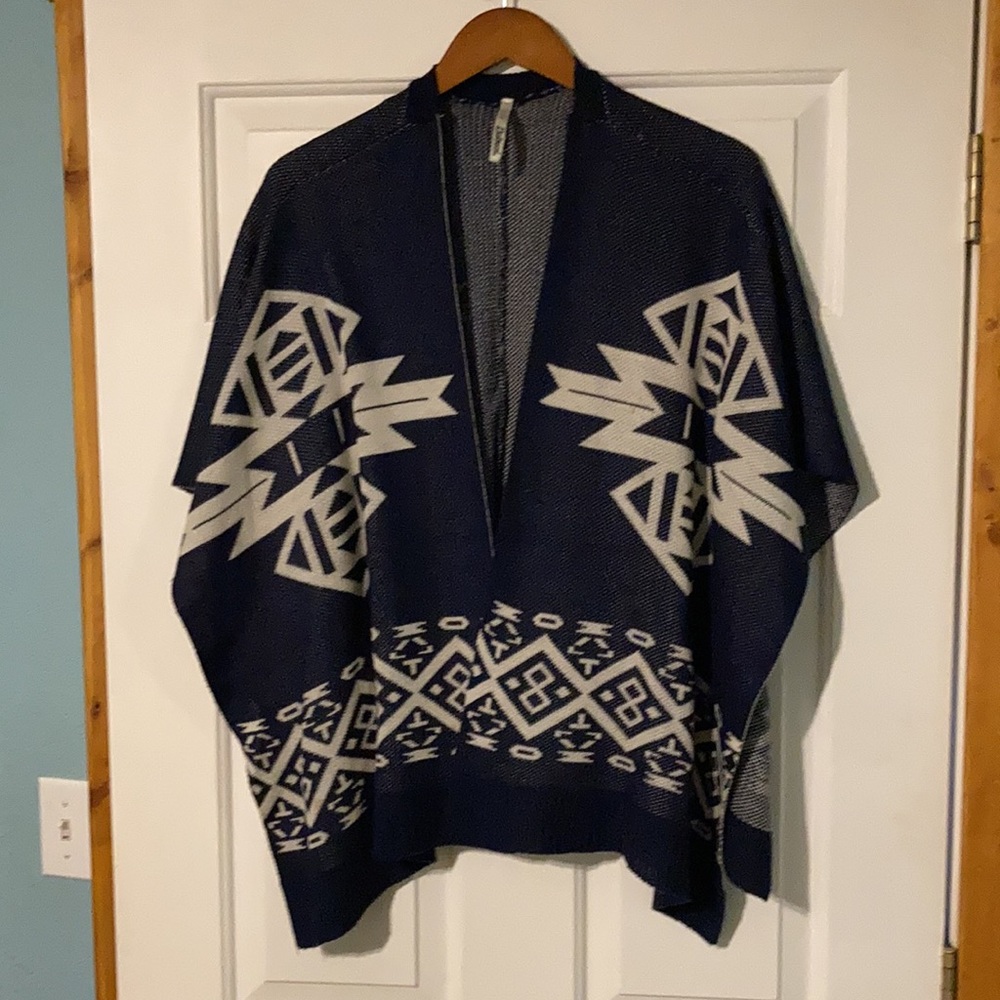 Navy and white southwestern sweater poncho